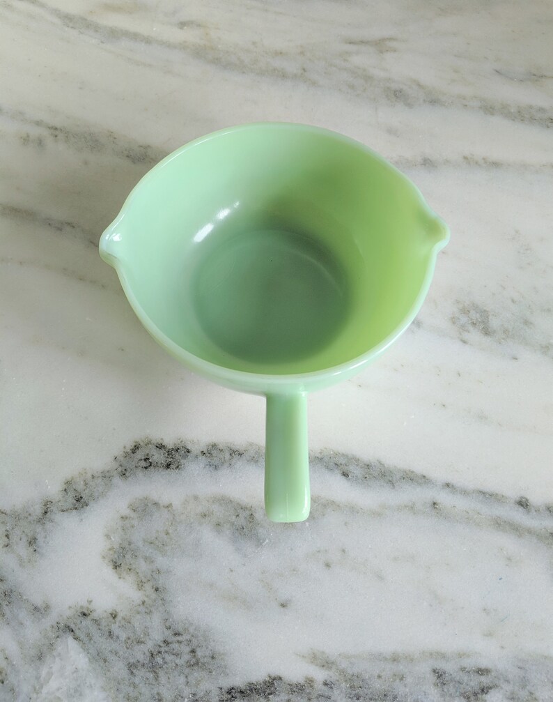 Fire King Collectible Green Milk Glass Vintage Jadite Mixing Batter Bowl Spout Handle Fire King Double Spout Jadeite Skillet Bowl