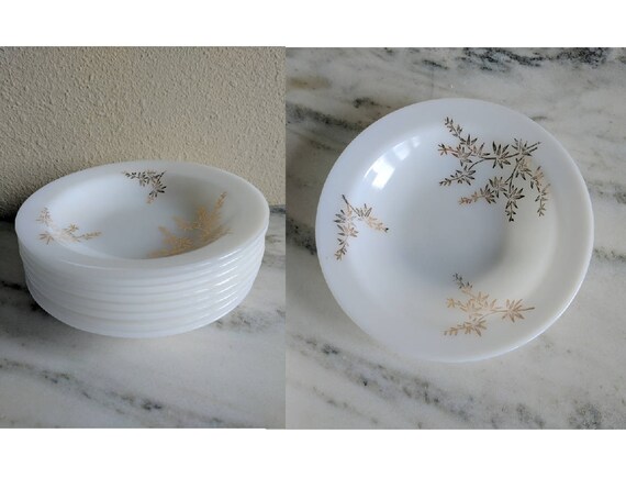 8 Vintage Large Milk Glass Bowls, Federal Glass Golden Glory Soup Cereal Bowls, Gold Bamboo White Milk Glass, Vintage Soup Bowl Set