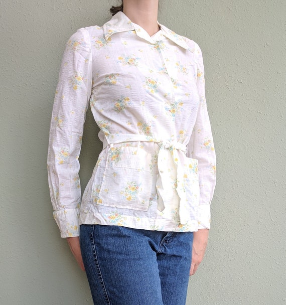 1950s White Floral Belt Shirt, Vintage Ladies Whi… - image 7