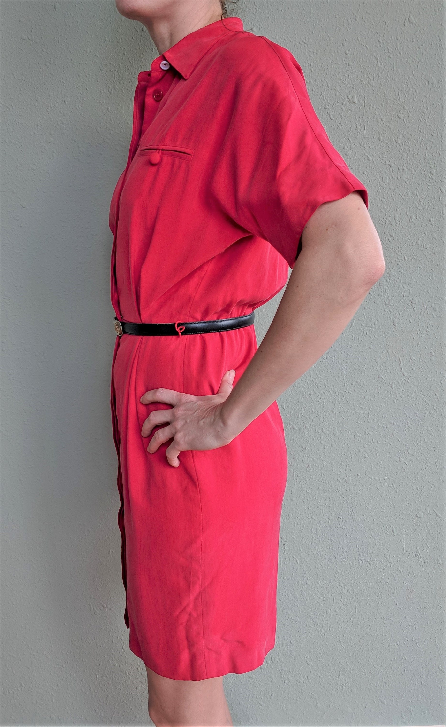 Vintage 80s 90s Red Lily Farouche Short Sleeve Maxi Button Up Silk Shirt Dress L