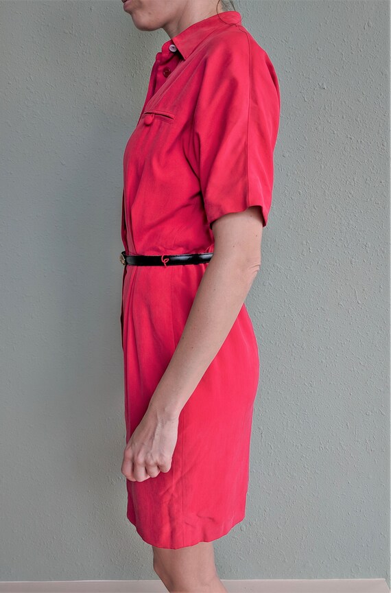 Vintage Red Silk Shirt Dress, 1980s Button Up Cas… - image 6