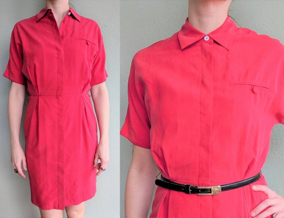 Vintage Red Silk Shirt Dress, 1980s Button Up Cas… - image 1