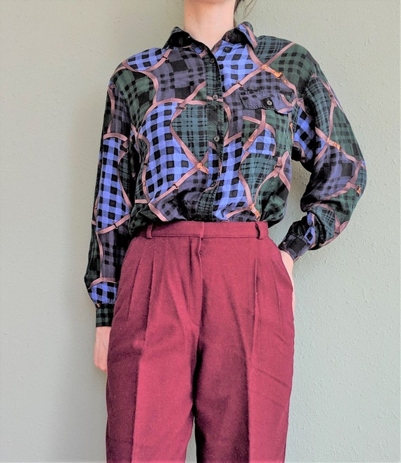 1990s Abstract Silk Blouse, Pure Silk Collared Bu… - image 2