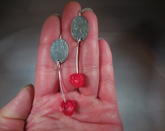 Ling-Yen designs textured sterling silver oval hanging earrings with sterling silver ear wires and enhanced red coral roses