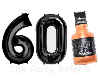 60th Birthday Balloons Whiskey Bottle Balloon Numbers 60 Balloons 60th Birthday Numbers available in Black, Gold, Silver, Rose Gold