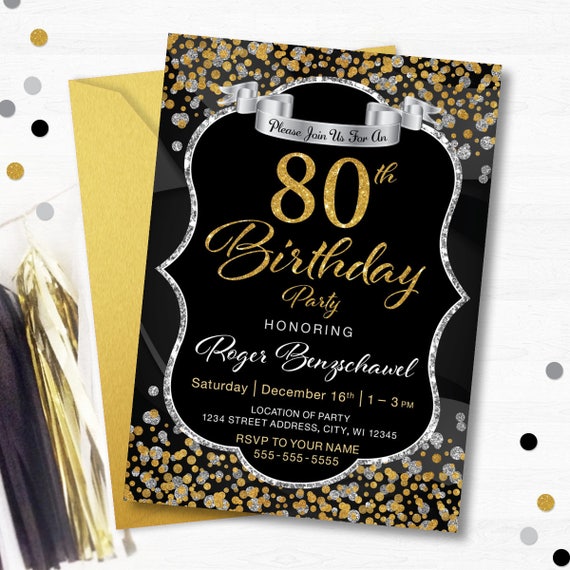 80th birthday party invitation 70th birthday party 60th birthday party gold and silver invitation black gold silver surprise party 80 birthday party invitations
