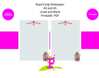 Carta per appunti a tema Royal Corgi / vuota e a righe / PDF / A4 e A5 / Royal Corgis / cancelleria stampabile / Carta da lettere / Scrittura di lettere