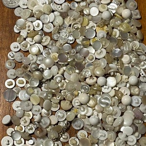 May include: A large collection of white and off-white buttons of various sizes and shapes. The buttons are made of plastic and have a smooth, shiny finish.