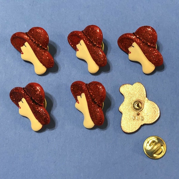 JHB Buttons - Red Hat Society - 6 Push Back Pins - New Old Stock
