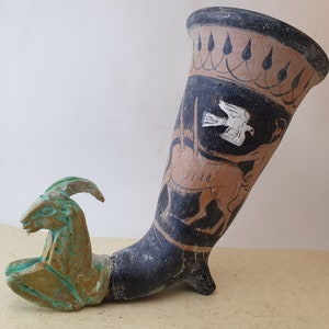 Rhyton ,ceramics and bronze ,handmade uniqueThracian motif,Ancient,rare