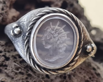 Intaglio Silver 925 Seal Ring ROMAN RARE Natural stone Mountain crystal.Roman Style Handmade Silver Ancient Vintage Antique Look