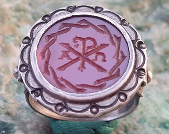 Chi-Ro silver 950 intaglio seal ring handmade engraving roman spqr style ancient unique item natural carnelian