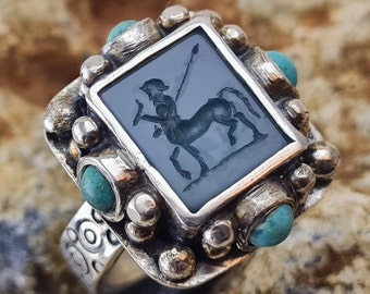Intaglio Silver 925 Seal Ring ROMAN RARE Natural Agate.Roman Style Handmade Silver Ancient Vintage Antique Look Centaur