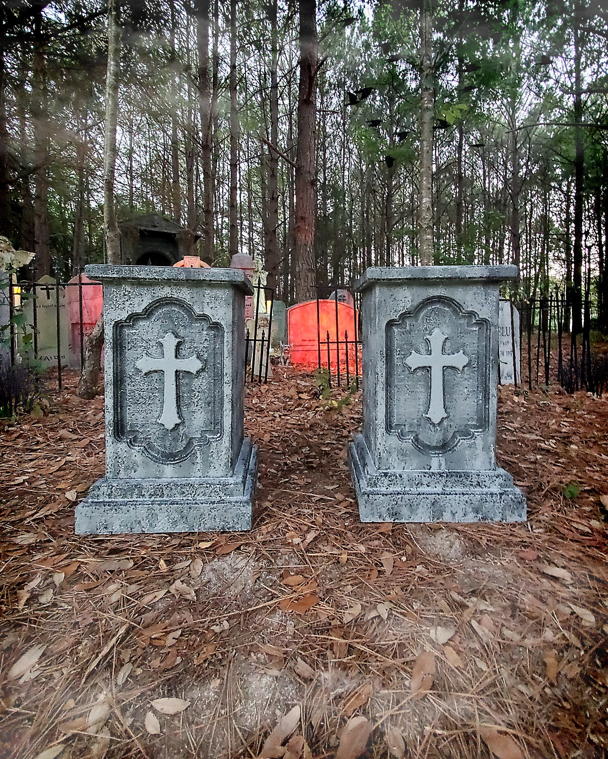 Evil Soul Studios Elevated Gray Cross Pedestal Stands set of 2 Halloween Graveyard Pillars