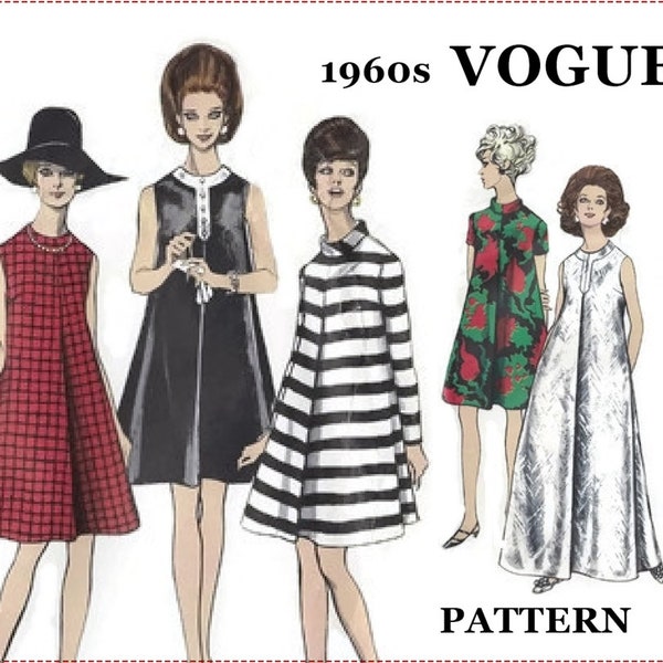 1960er Jahre Zelt Muster - Vogue grundlegende Design 1851 - Größe 10 Büste 32 1/2 - a-Linie Kleid, vorne Falten, Juwel-Ausschnitt, Maxi Kleid, Mod-Kleid