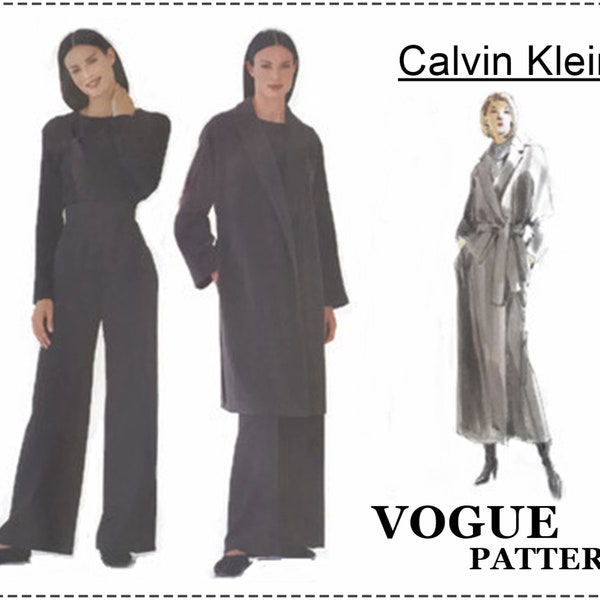 1990er Jahre Calvin Klein Nähen Muster - Vogue 2236 - langen Mantel, Gürtel, Hosen - Größe 18 20 22 Büste 40 42 44 - ungeschnitten - Wrap Mantel, weites Bein Hose