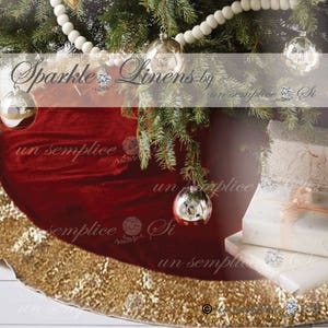 Velvet and Sequin Tree Skirt,  Red Velour Tree Skirt, Velour and Sequin Treeskirt,  FREE SHIPPING