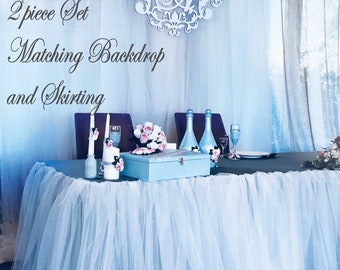 Tulle and SATIN Table Skirt with Backdrop Set, Tulle Satin Backdrop and Skirt Set, Fabric Backdrop, Tulle Backdrop