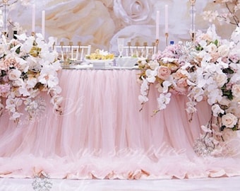 Tulle and Chiffon Table Skirt, POOLING EXTRA LONG , Puddle Length Tableskirt Floating Tulle and Chiffon Table Skirt