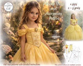 Belle Princess Dress Pattern PDF, Girls Ball Gown Sewing Pattern, Toddler Dress Pattern, Gloves Wand Pattern, Sizes 2-8