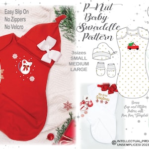 Puede incluir: Un patrón de arrullo para bebé de temática navideña, rojo y blanco, con un diseño de ratón. El patrón incluye un gorro, manoplas y un arrullo. El patrón está disponible en tres tallas: pequeña, mediana y grande. El patrón es fácil de poner y no tiene cremalleras ni velcro.