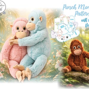 May include: Two plush monkey toys, one pink and one blue, are hugging. A smaller brown monkey toy sits on a rock. The image includes a pattern for a "Punch Monkey" with a bonus vest.