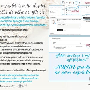 K&ouml;nnte beinhalten: Eine Anleitung auf Franz&ouml;sisch zum Zugriff auf digitale Dateien, die auf Etsy gekauft wurden. Das Bild zeigt Screenshots der Etsy-Website mit Anweisungen zum Herunterladen von Dateien nach dem Kauf. Der Text enth&auml;lt Schritte und einen Hinweis auf Sofort-Downloads.