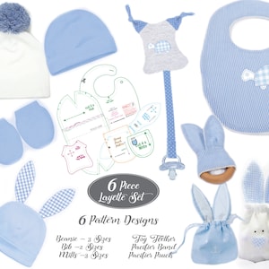 Puede incluir: Un conjunto de seis patrones de costura para layette de bebé, que incluye un gorro, un babero, manoplas, un mordedor, una banda para chupete y una bolsa para chupete. Los patrones están diseñados en un esquema de color azul y blanco con acentos de cuadros y lunares.