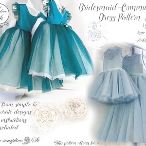 May include: A digital pattern for a bridesmaid or communion dress. The pattern includes four sizes, 2 to 8 years, and comes in knee length and ankle length options. The image shows two dresses, one teal and one light blue, with the text "Bridesmaid-Communion Dress Pattern" and "4 sizes 2 yr - 8 yr Knee Length Ankle Length".