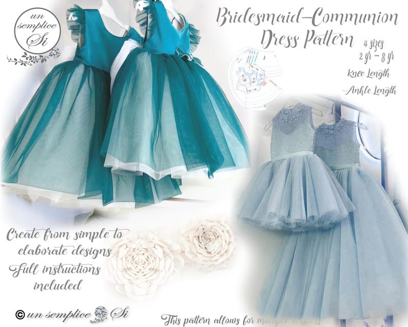 May include: A digital pattern for a bridesmaid or communion dress. The pattern includes four sizes, 2 to 8 years, and comes in knee length and ankle length options. The image shows two dresses, one teal and one light blue, with the text "Bridesmaid-Communion Dress Pattern" and "4 sizes 2 yr - 8 yr Knee Length Ankle Length".