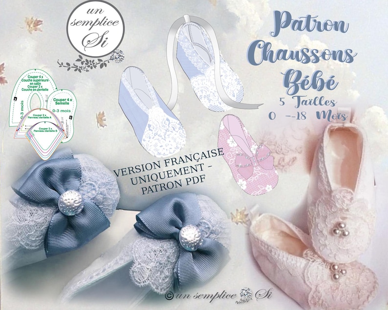 K&ouml;nnte beinhalten: Ein Bild mit Baby-Sch&uuml;hchen und Stirnb&auml;ndern mit Spitze und Banddetails. Das Bild enth&auml;lt ein Schnittmuster f&uuml;r Babyschuhe in den Gr&ouml;&szlig;en 0-18 Monate. Der Text lautet "Patron Chaussons B&eacute;b&eacute;" und "Version Fran&ccedil;aise Uniquement - Patron PDF."