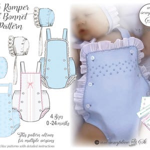 May include: A baby blue bib romper and bonnet pattern with white lace trim and button details. The image includes illustrations of the romper and bonnet, along with the text "Bib Romper and Bonnet Pattern" and "4 Sizes 0-24 months."