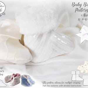 May include: Two white baby boot patterns, one with a satin finish and the other with a fluffy trim and sequins. The image includes the text "Baby Boot Pattern" and "Bonus Slipper Pattern". The pattern offers 5 sizes for babies aged 0-18 months.