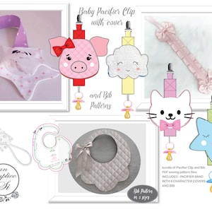 Baby Accessories Sewing Pattern PDF – Pacifier Clip with 4 Covers & Bib – Christening, Baptism, Newborn Gift, Instant Download