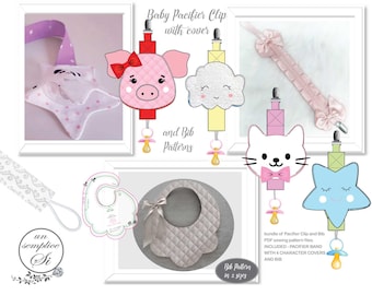 Patrón de costura de accesorios para bebé en PDF: Clip para chupete con 4 fundas y babero. Regalo para bautizo, recién nacido, descarga instantánea.