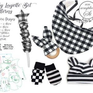 May include: A set of six baby layette patterns in black and white checkered and striped fabric. The patterns include a beanie, bib, mittens, a toy teether, a pacifier band, and a burp cloth. The patterns are available in three sizes: small, medium, and large.