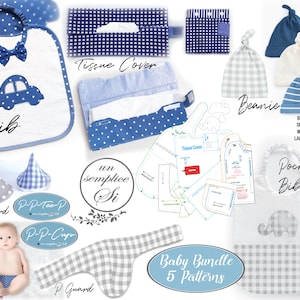 Babypaket - Digitalt sömnadsmönster, haklapp, mössa, kissskydd, näsduksskydd - Storlekar 0 - 24 mån - Babymönster PDF-nedladdning