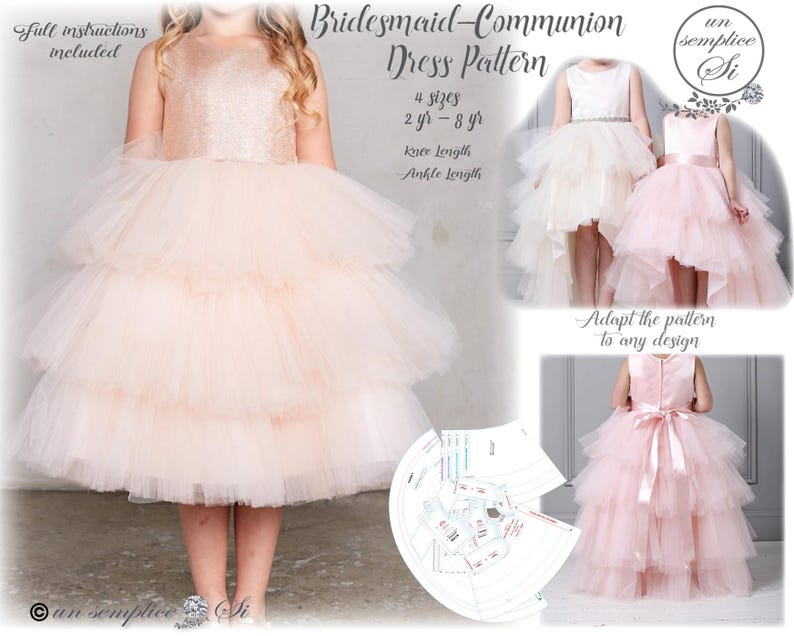 May include: A pink tulle dress pattern for girls, with four sizes available from 2 to 8 years. The pattern includes instructions for both knee-length and ankle-length dresses. The image shows a girl wearing a pink tulle dress with a sparkly bodice, and a close-up of the pattern pieces.