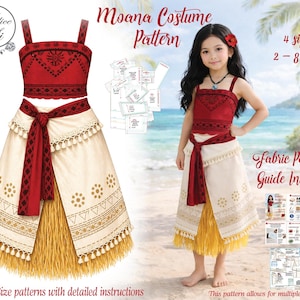 May include: A red and white Moana costume pattern with detailed instructions. The costume includes a red top, a white skirt with a red sash, and a yellow grass skirt. The pattern is available in 4 sizes for children aged 2-8 years.