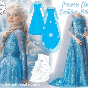 Patrón de vestido de Elsa, patrón de vestido de Frozen, patrón de disfraz de Elsa, patrón de vestido de princesa de cumpleaños, patrón de vestido de princesa inspirado en Elsa