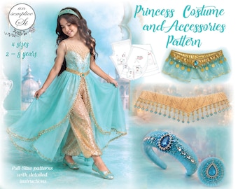 Princess Jasmine Costume PDF Pattern , Girls Harem Pants, Headband & Belt , Arabian Princess Sewing Pattern  ,(Sizes 2-8) (Digital Download)
