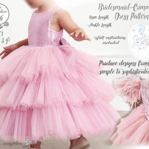 May include: A pink tulle dress with a sparkly bodice and multiple layers. The dress is available in four sizes for girls ages 2 to 8 years old. The dress pattern includes instructions for making both knee-length and ankle-length dresses.