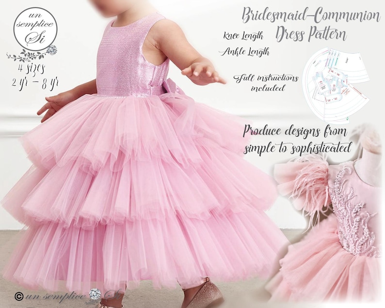 May include: A pink tulle dress with a sparkly bodice and multiple layers. The dress is available in four sizes for girls ages 2 to 8 years old. The dress pattern includes instructions for making both knee-length and ankle-length dresses.