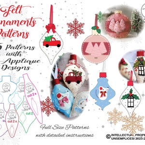 Patrones de adornos de fieltro, Patrón de adornos de fieltro de Navidad, PATRÓN de adornos de fieltro, Patrón de costura de adornos de Navidad