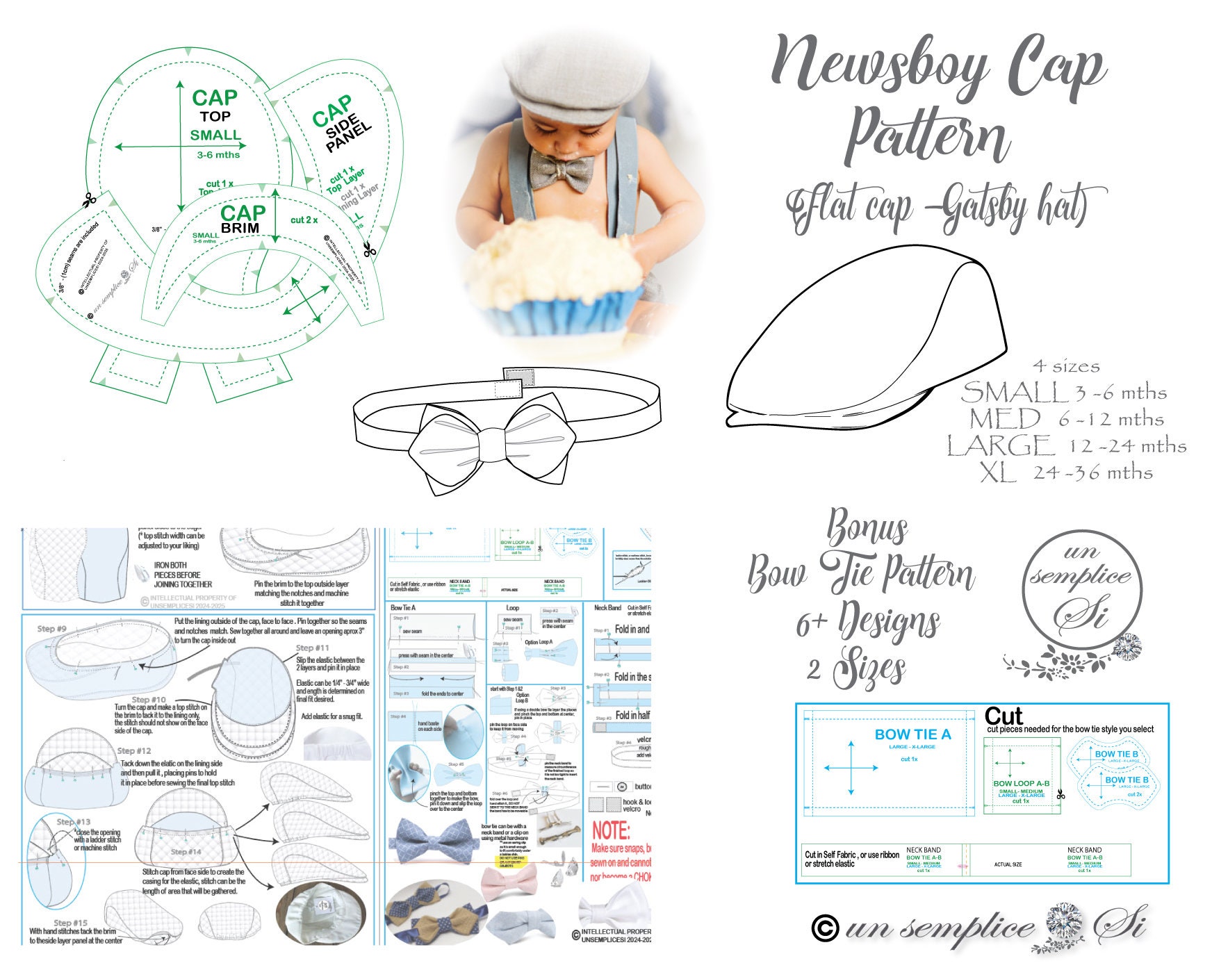 Flat Cap Pattern,baby Newsboy Cap Pattern, Baptism Boys Hat and Bow Tie ...