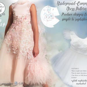 May include: A dress pattern for a bridesmaid or communion dress. The pattern includes instructions for making a knee-length or ankle-length dress with sleeveless, cap sleeve, or frill sleeve options. The pattern is available in sizes 2-8 years.
