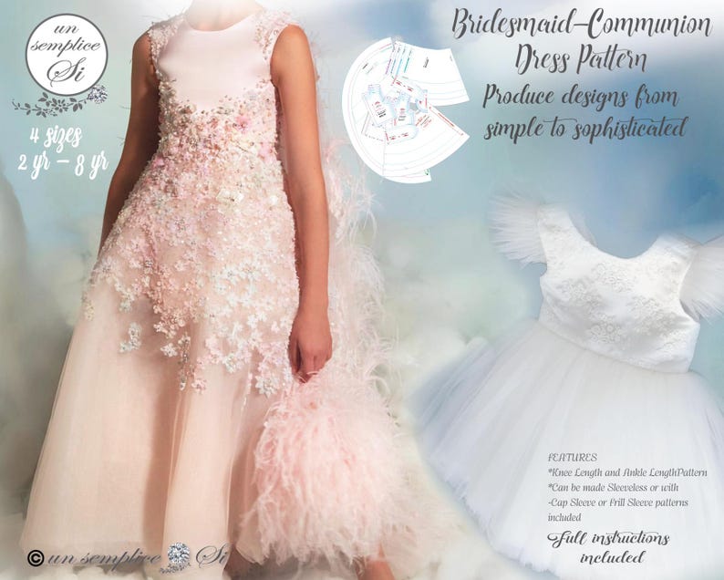 May include: A dress pattern for a bridesmaid or communion dress. The pattern includes instructions for making a knee-length or ankle-length dress with sleeveless, cap sleeve, or frill sleeve options. The pattern is available in sizes 2-8 years.