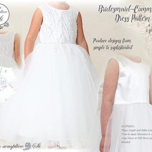 May include: A digital pattern for a white bridesmaid or communion dress. The pattern includes four sizes, from 2 to 8 years old. The dress can be made sleeveless or with cap sleeves or frill sleeves. The pattern is available in both knee-length and ankle-length versions.