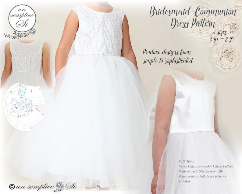 May include: A digital pattern for a white bridesmaid or communion dress. The pattern includes four sizes, from 2 to 8 years old. The dress can be made sleeveless or with cap sleeves or frill sleeves. The pattern is available in both knee-length and ankle-length versions.