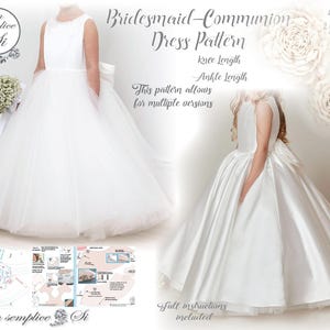 Op de afbeelding: Een wit patroon voor een bruidsmeisjes- of communiejurk. Het patroon bevat instructies voor het maken van een knielange of enkellange jurk. Het patroon is verkrijgbaar in vier maten: 2 tot 8 jaar.